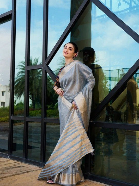 Grey Khadi Striped Saree and Stitched Multi Blouse