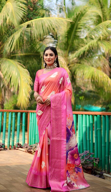 Pink Wevon Designer & Flower Digital Printed Dola Silk Saree