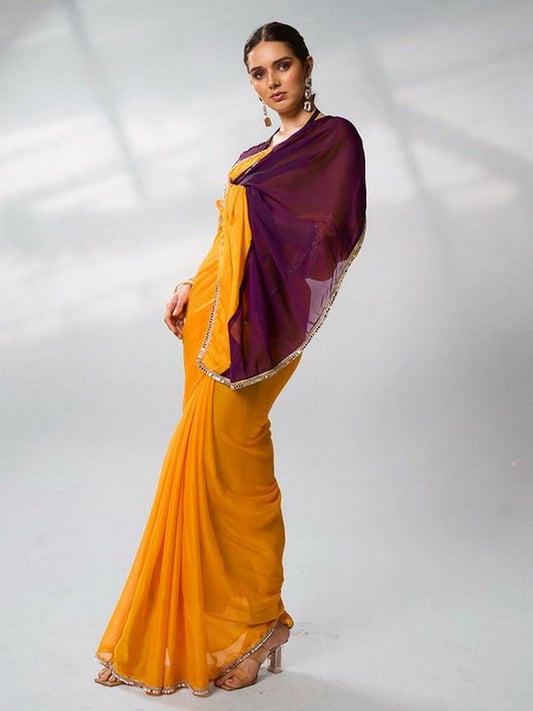 Glamorous Yellow Color Georgette Fabric Trendy Designer Bollywood Saree