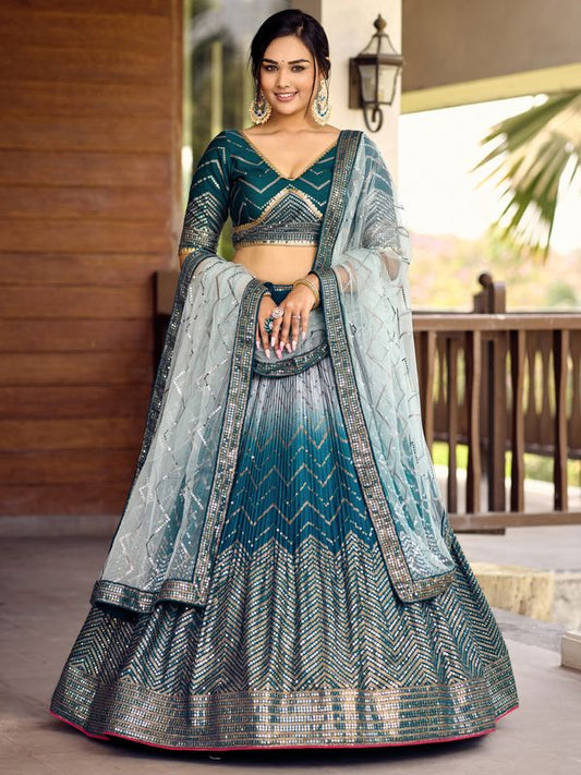 Blue Women's Chinon Embroidery Lehenga Choli