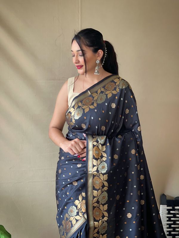 Black Weaving Jacquard Jari Designer Soft Silk Saree