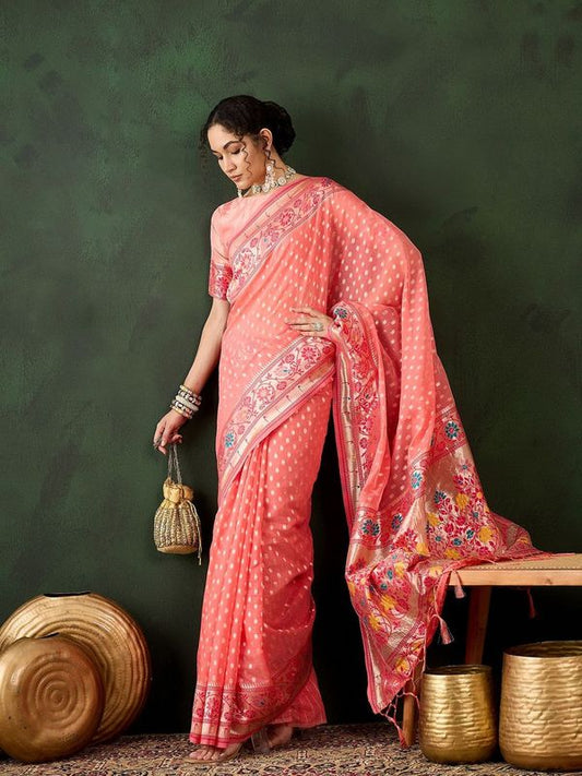 Peach Poly Cotton Wevon Designer Indian Rich Cultural Looks Saree