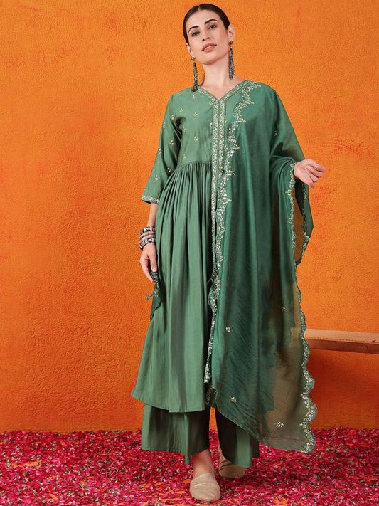 Green Color Beautiful Woven Silk Readymade Suit with Festive Thread Embroidery Work