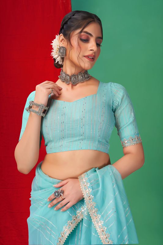 Sky Blue Wevon Lining Designer & Coding & Sequance & Gota Patti Embroidery Work Organza Saree