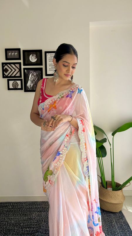 Peach Digital Printed & Coding & Sequance Embroidery Work Georgette Saree