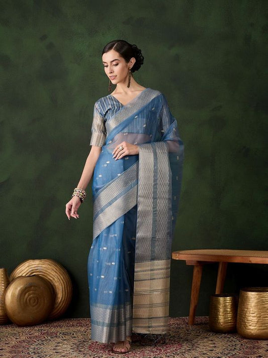 Teal Wevon Designer Khadi Organza Saree