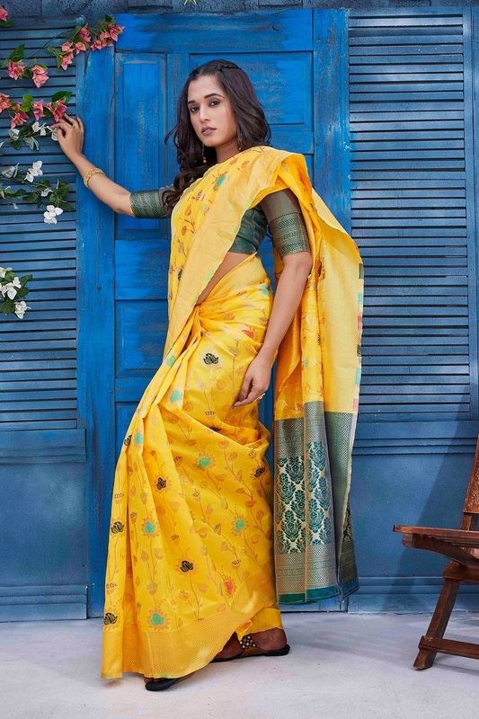 Yellow Wevon Jacquard Designer Silk Blend Saree