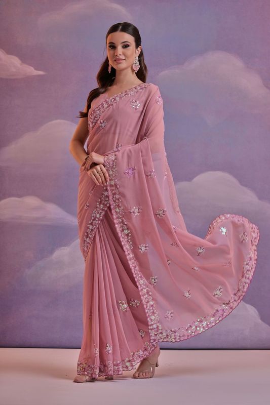 Onion Designer Sequance Embroidery Work Georgette Saree