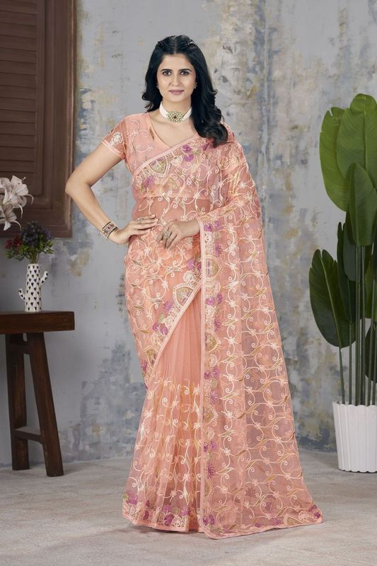 Orange Foil Thread & Aari Dori Embroidery Work Butterfly Net Saree