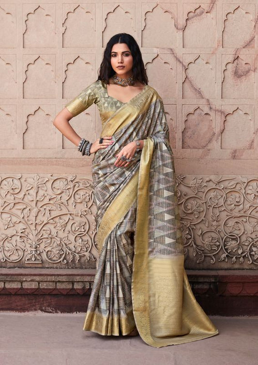 Grey Weaving Border Designer & Digital Printed Handloom Silk Saree