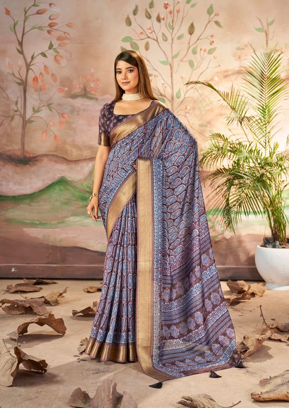 Purple Brown Wevon Border Designer With Printed Dolla Silk Saree