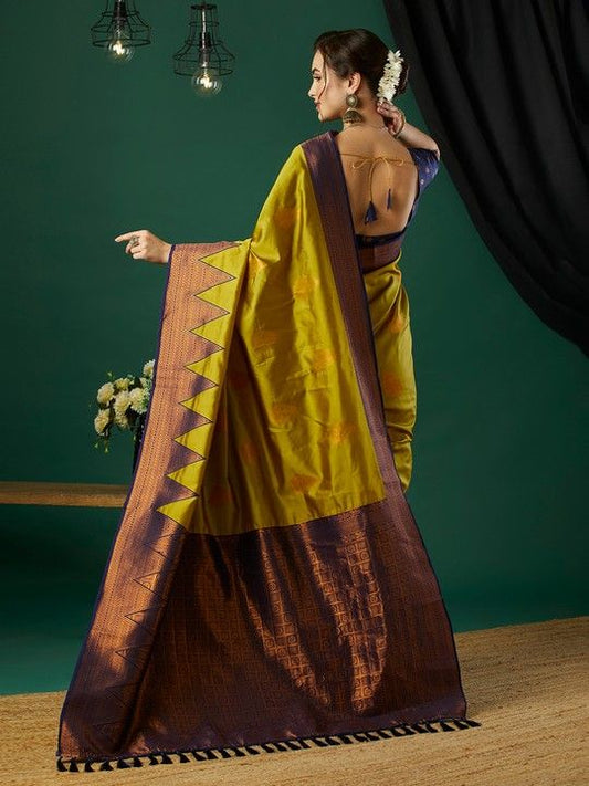 Parrot Green Banarasi Silk Woven Saree With Tassels on Pallu and Stitched Navy Blue Blouse