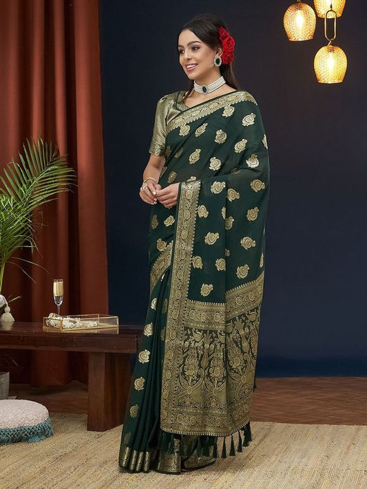 Green Colour Georgette Fabric Designer Zari Woven Saree For Partywear Looks