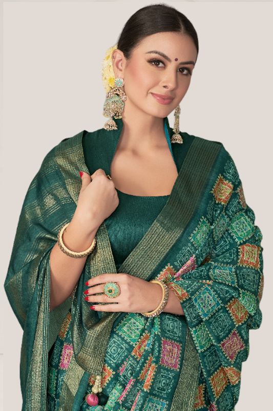 Green Rangkat Tussar Silk Geometric Printed With Embroidery Work Heavy Wedding Ceremony Wear Saree