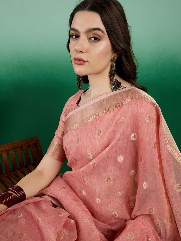 Peach Wevon Jacquard Designer Khadi Organza Saree