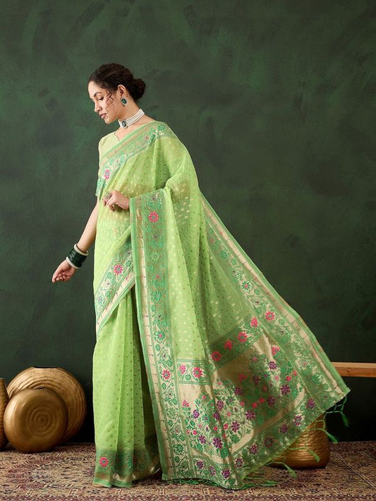 Green Poly Cotton Wevon Designer Indian Rich Cultural Looks Saree