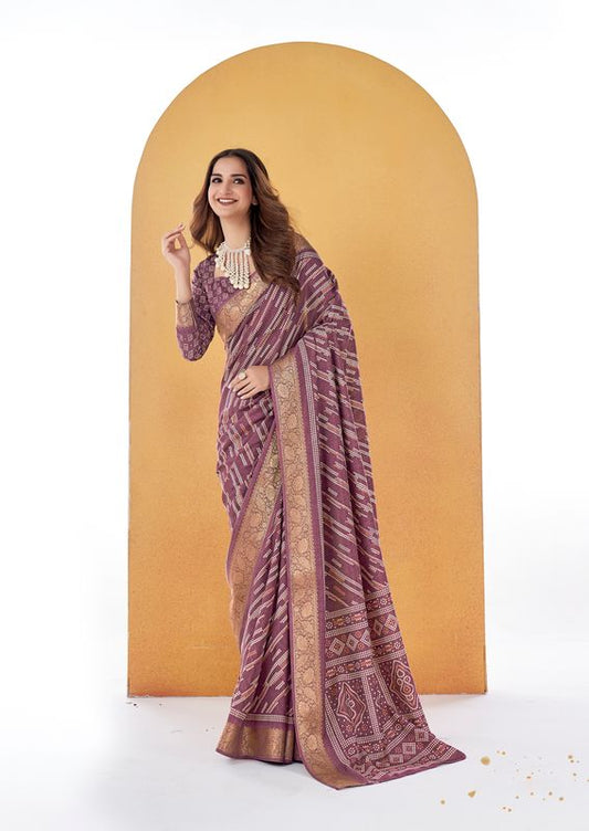 Purple Mauve Wevon Border Designer With Printed Dolla Silk Saree