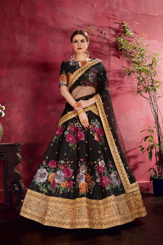 Black Women's Heavy Banglori Silk Embroidery Lehenga Choli