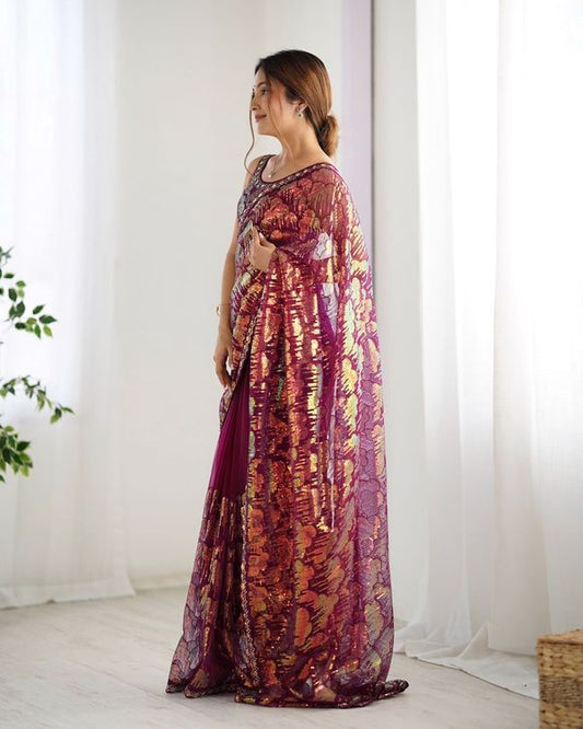 Wine Heavy Sequance Embroidery Work Mono Net Saree