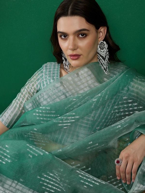 Sea Green Wevon Jacquard Designer Khadi Organza Saree