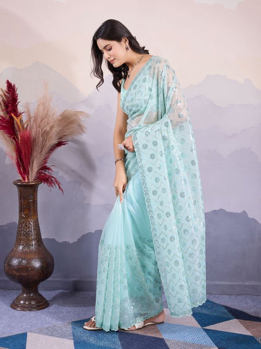 Sea Green Twill Net Designer Sequins Embroidery Work Glamorous Partywear Saree