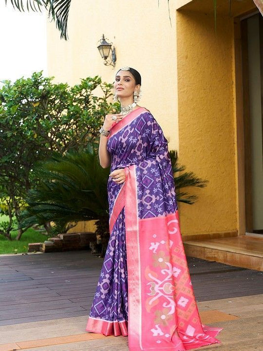 Purple Crepe Bandhani Saree and Stitched Pink Blouse