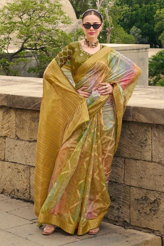 Avocado Green Wevon Designer & Embroidery Work Jacquard Silk Saree