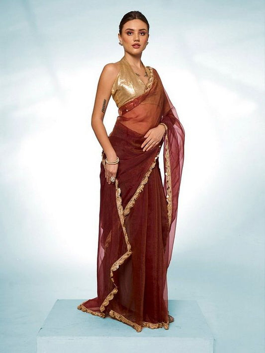 Glamorous Brown Color Tissue Fabric Trendy Designer Bollywood Saree