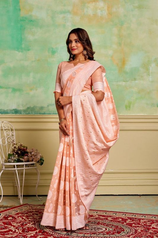 Peach Color Cotton Fabric Wevon Designer Ethnic Festive Wear Saree