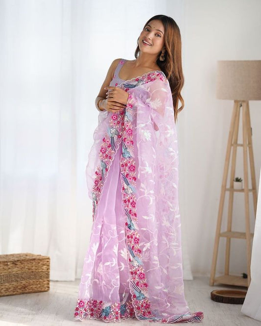 Lavender Organza Fabric Multy Thread And Sequance Embroidery Work Festive Looks Graceful Saree