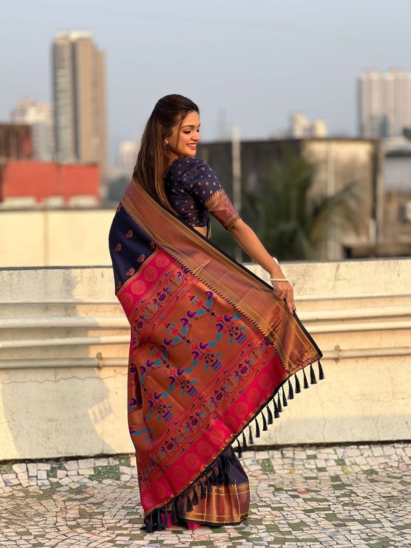 Navy Blue Color Soft  Silk Fabric Graceful Wevon Nath Meenakari Designer Saree