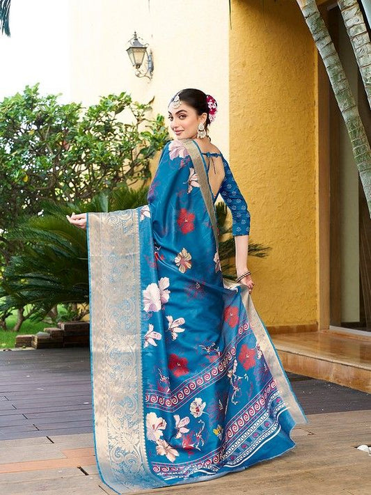 Blue Crepe Printed Saree and Stitched Blue Blouse