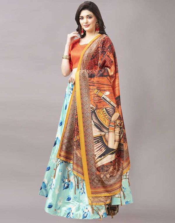 Digital Print Satin Silk Fabric Stitched Lehenga Choli With Jequared Blouse and Assami Silk Thread Work Dupatta For Women and Girls In Festive Party And Traditional Wear