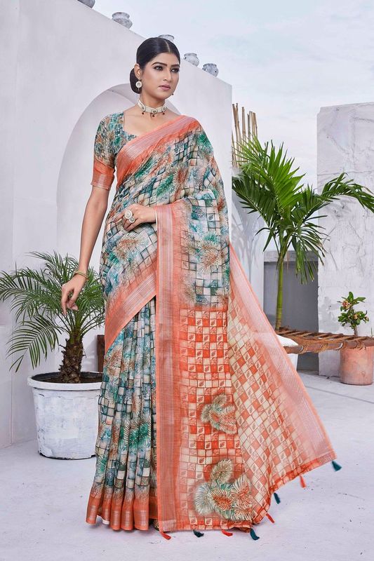 Green Color Linen Blend Digital Printed Designer For Graceful Festive Looks