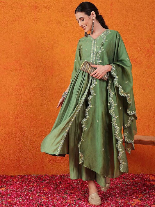 Green Color Beautiful Partywear Readymade Salwar Kameez