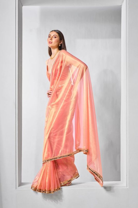 Orange Solid & Gold Cotted Gold Tissue Net Saree