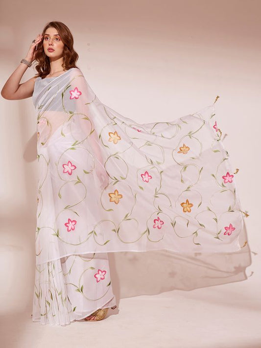 Off White Designer Brush Printed Blooming Organza Saree