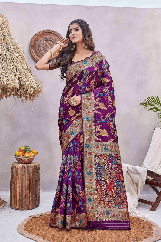 Purple Color Ethnic Pashmina Fabric Graceful Festive Saree With Wevon Jacquard Designer