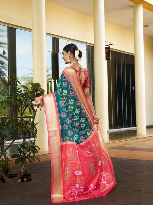 Green Crepe Digital Print Saree With Tassels on Pallu and Stitched Red Blouse