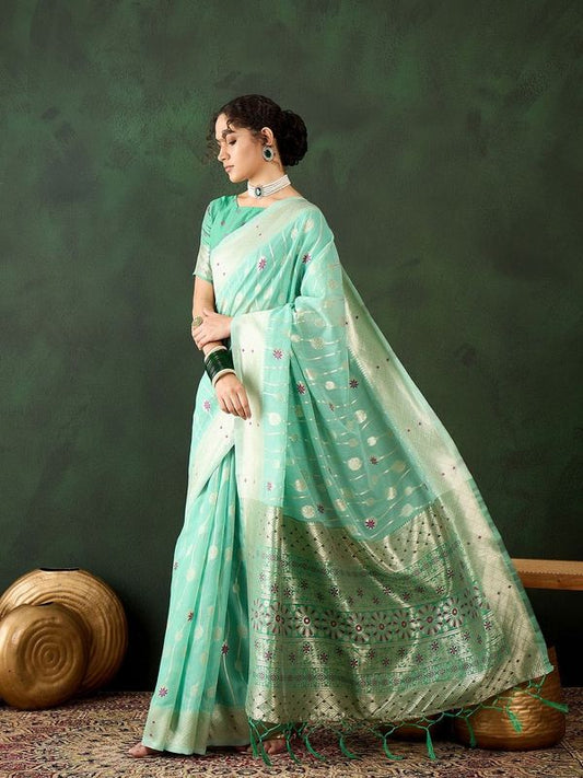 Sea Green Poly Cotton Wevon Designer Graceful Ethnic Partywear Saree