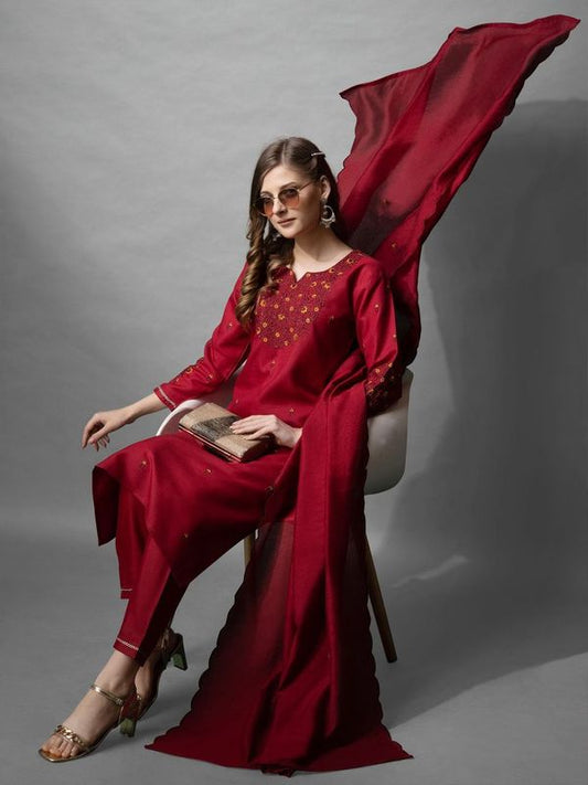 Maroon Color Cotton Blend Readymade Dress With Designer Embroidery Work