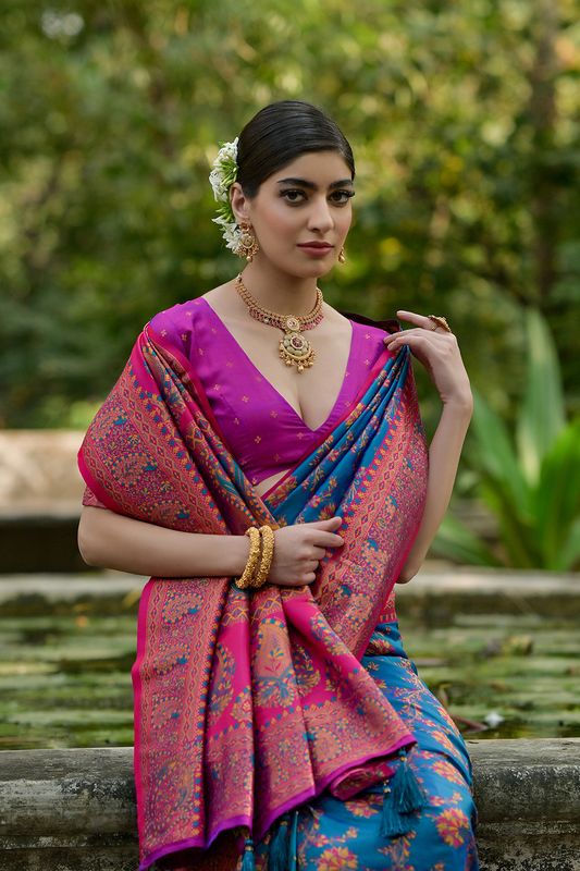 Firozi All Over Flower With Jal Thread Woven Saree With Thread Woven Pallu Saree