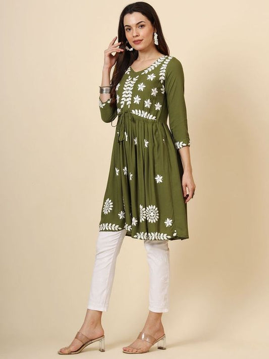 Green Rayon Heavy Thread Embroidery Work Beautiful Girlie Looks Chikankari Kurti