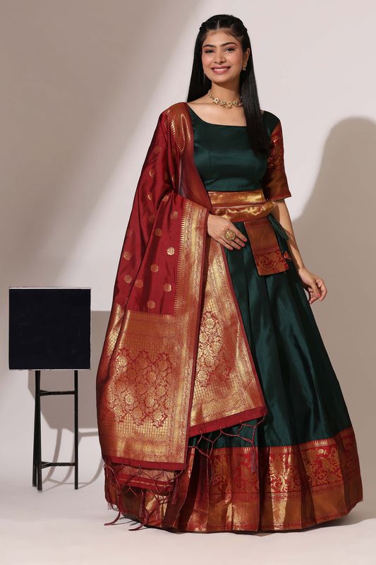 Deep Green Lichi Silk Jacquard Work Lehenga