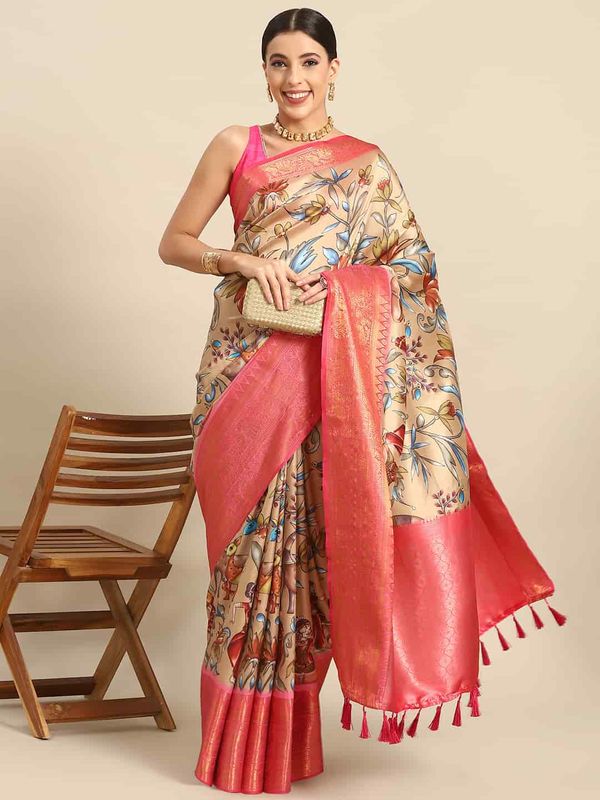 Beige Women's Kalamkari Woven Silk Saree
