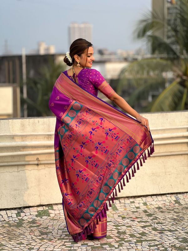 Purple Color Soft  Silk Fabric Graceful Wevon Nath Meenakari Designer Saree