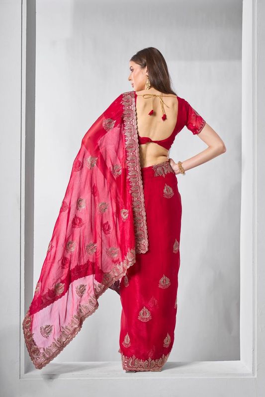 Red Designer Embroidery Work Sitara Chiffon Saree