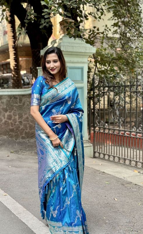 Sky Blue Color  Wevon Jacquard Jari Designer Banarasi Silk Festive Ceremonial Saree