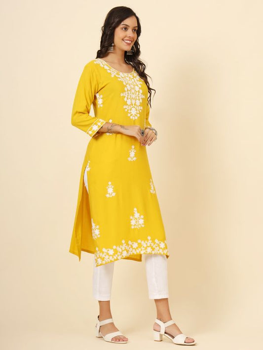 Yellow Liva Rayon Chickenkari Thread Embroidery Work Formal Looks Indian Ethnic Kurta