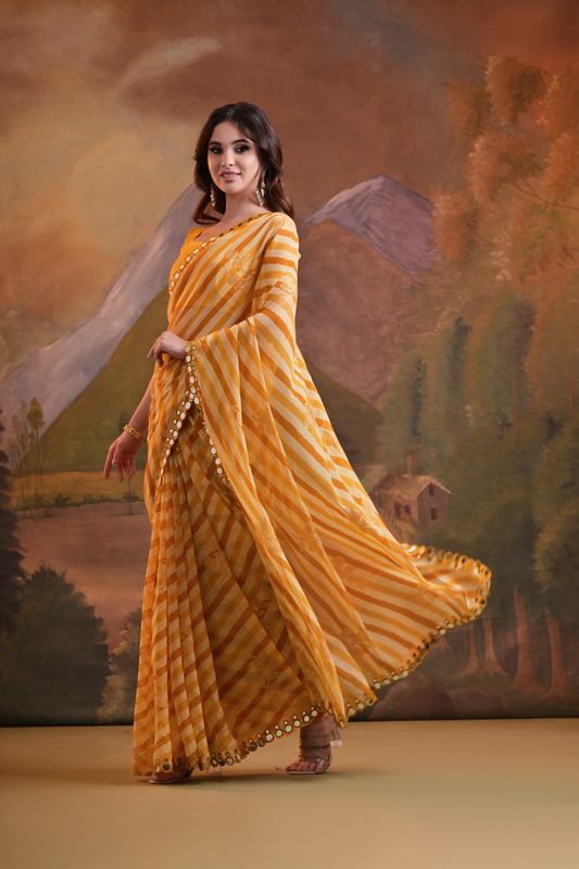 Yellow Laheriya Printed & Foil & Mirror Work Georgette Saree